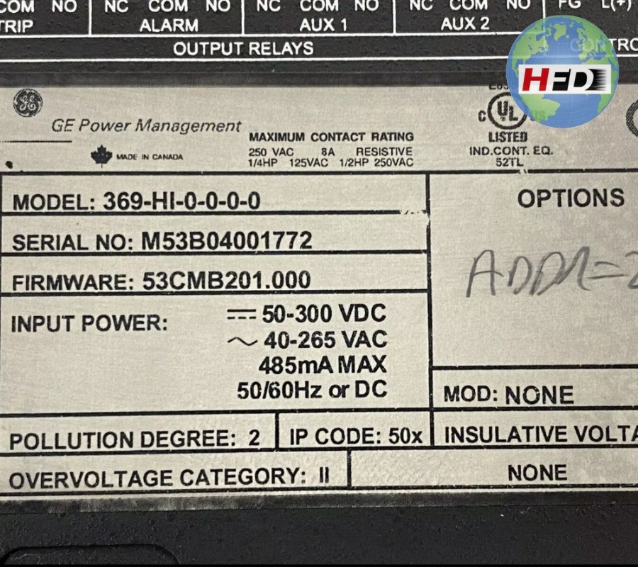 Ge 369-HI-0-0-0-0 Motor Management Relay - Ge Relays